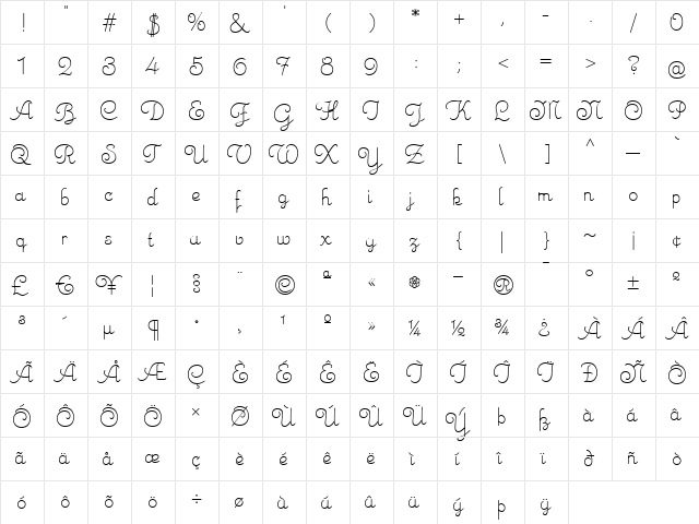 Emily Regular Regular  glyph index