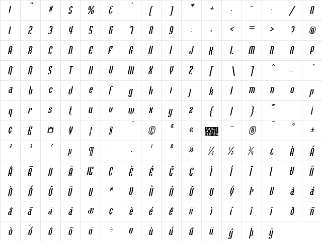 Baccus Italic  glyph index