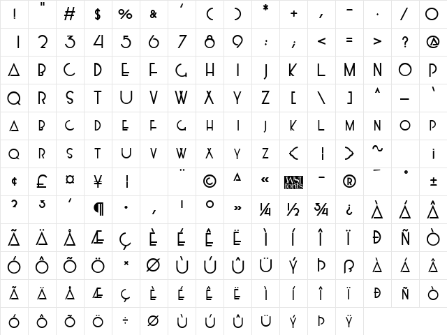 Kensington Bold  glyph index
