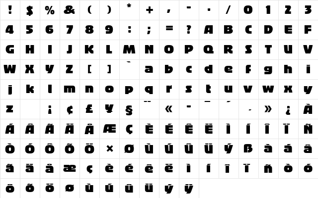 Bigband Regular  glyph index