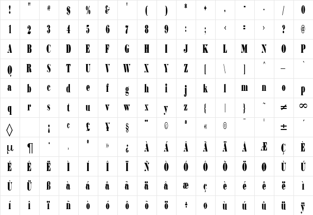BodoniCondensedUltra Regular  glyph index