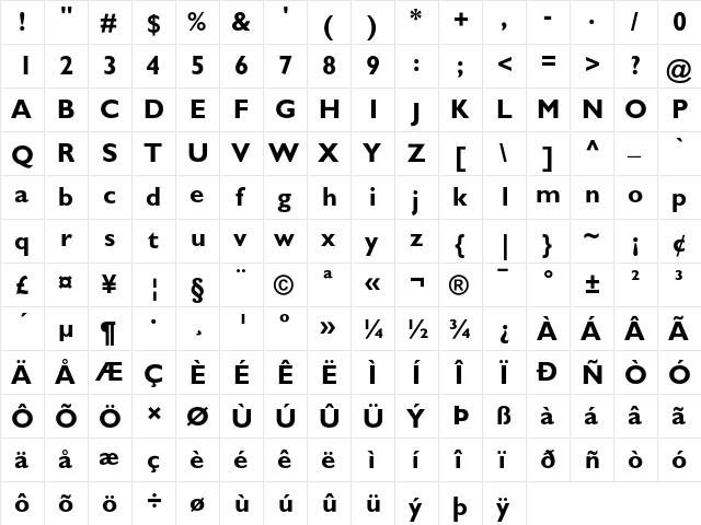 Gill Sans Bold  glyph index