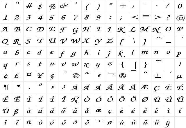 ExchequerScriptExtended Bold  glyph index