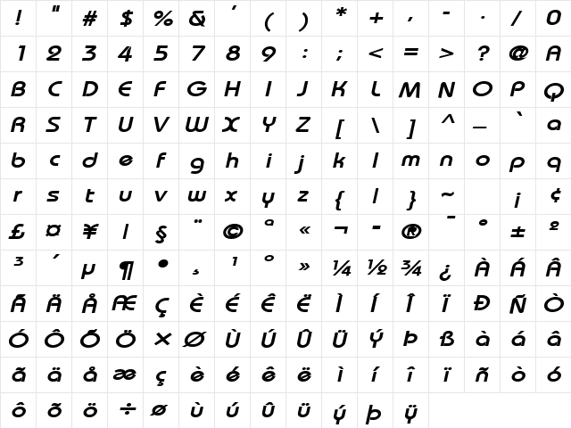 Bimini-Extended Bold Italic  glyph index