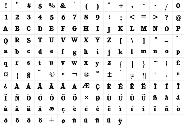 Cushing BQ Regular  glyph index