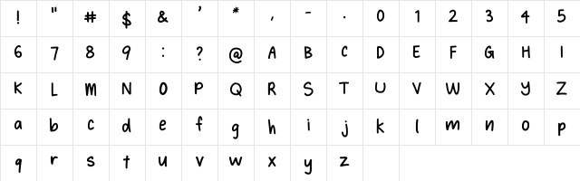 Hynings Handwriting Regular  glyph index