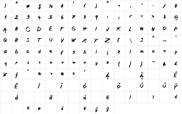 Xaligraphy BoldItalic  glyph index