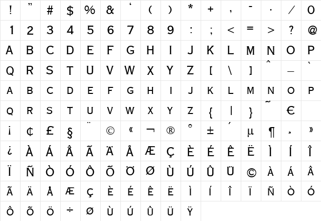 CopperSmallDB Bold  glyph index