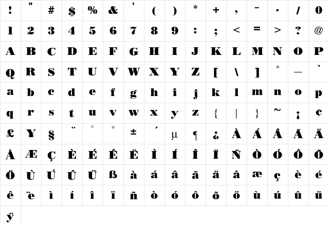 BODIDLYbold Regular  glyph index