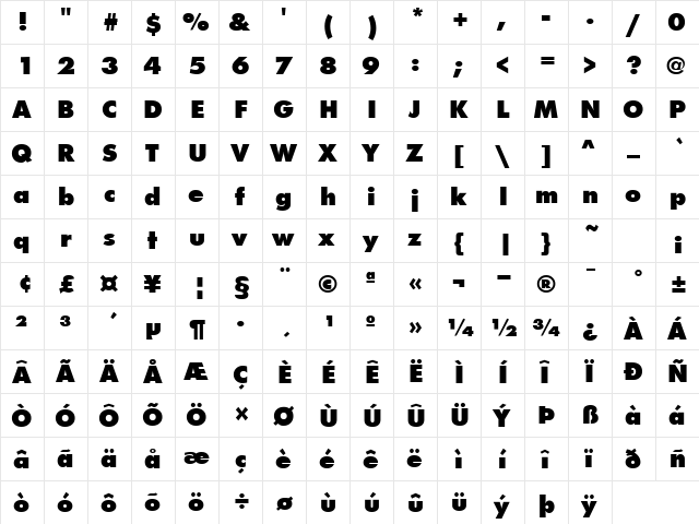 FunctionX Bold  glyph index