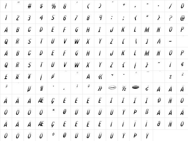 Ampire Halftone Italic Italic  glyph index
