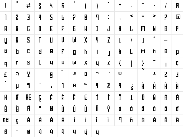 PHOENIX SQUAD Regular  glyph index