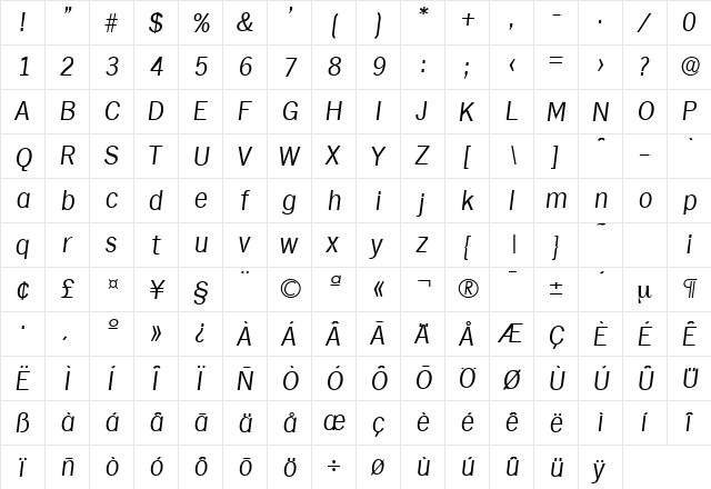 Hamburg-Serial-Light RegularItalic  glyph index