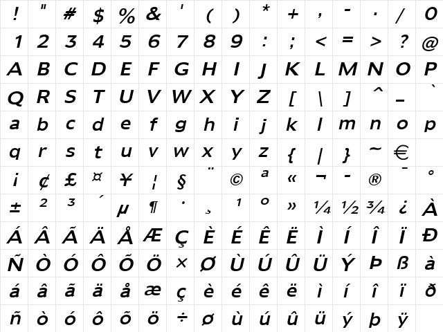 Adams Italic  glyph index