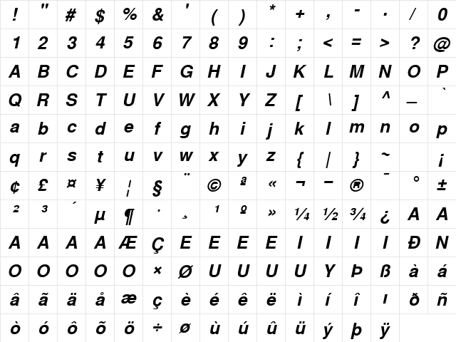 WestSansSSK BoldItalic  glyph index