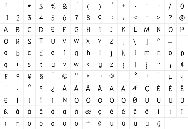 BadgerLight Roman  glyph index