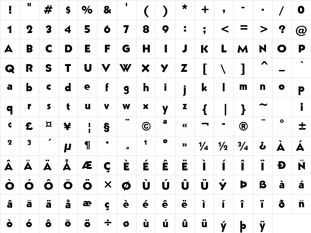 Grizzly BT Regular  glyph index