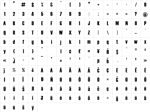 Haettenschweiler Eo Regular  glyph index