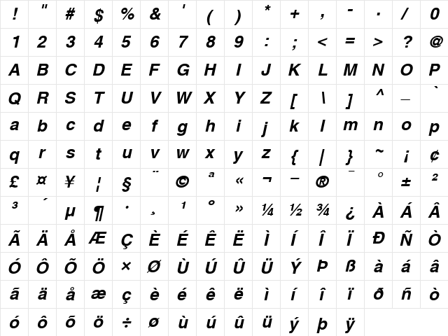 Helvetica BoldOblique  glyph index