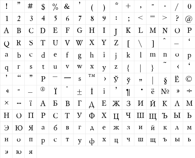 Mysl Plain  glyph index