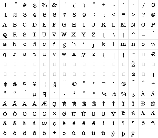 AmericanTypewriter LT Medium Regular  glyph index