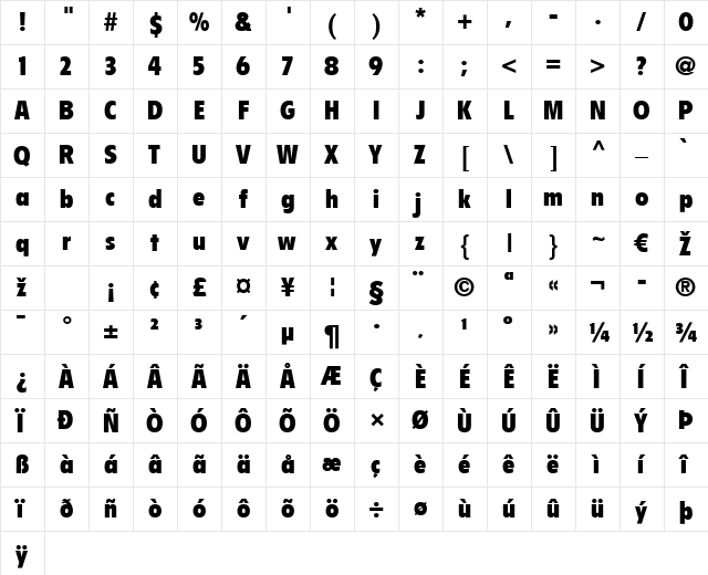 Flyer LT BlackCondensed Regular  glyph index