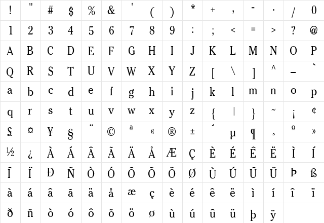 CheltenhamCnd-Normal Regular  glyph index