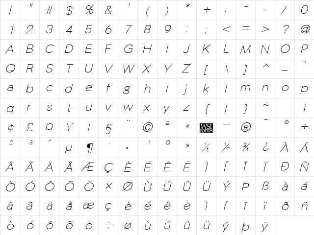 PhinsterFine Italic  glyph index