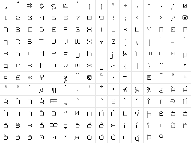 PixetlRegular Regular  glyph index