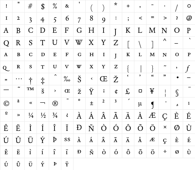 DTLElzevirTBookCaps Regular  glyph index