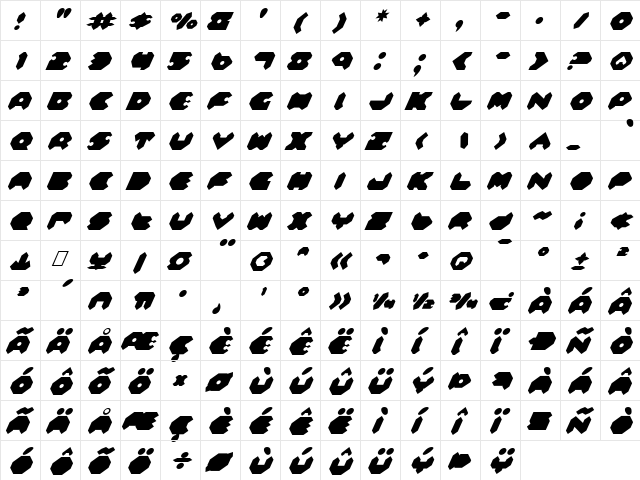 Feldercarb Italic Italic  glyph index