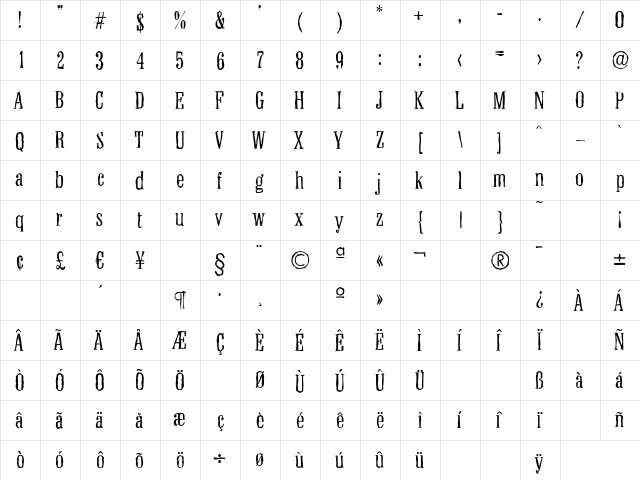 ColonelAntique-Light Regular  glyph index