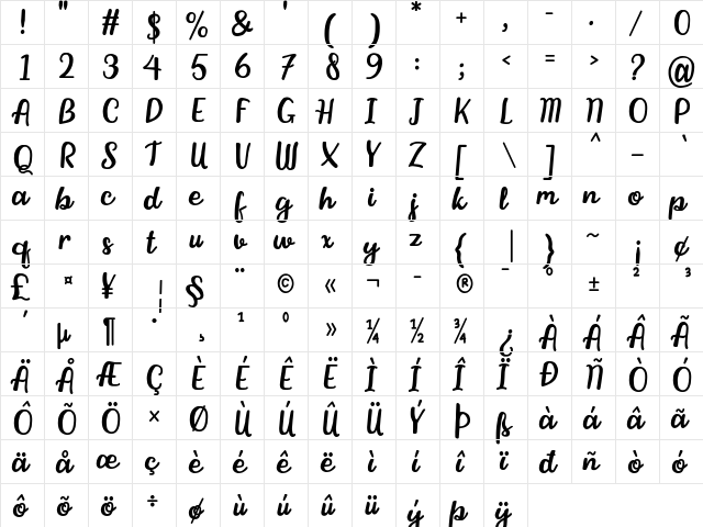 Stika Regular  glyph index