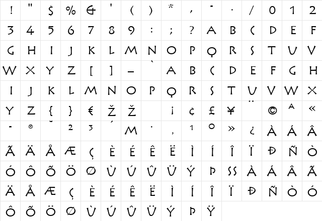 Rusticana LT Roman Regular  glyph index