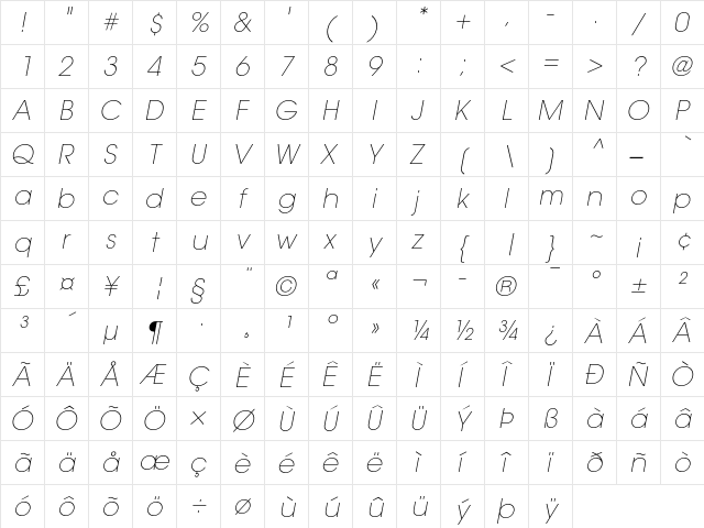 ITC Avant Garde Gothic Extra Light Oblique  glyph index