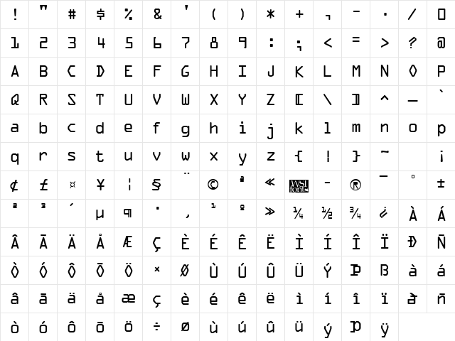 OCR-A Regular  glyph index