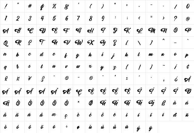Oatlander Regular  glyph index