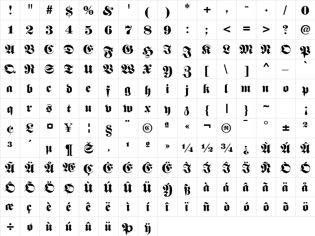 Zither Regular  glyph index