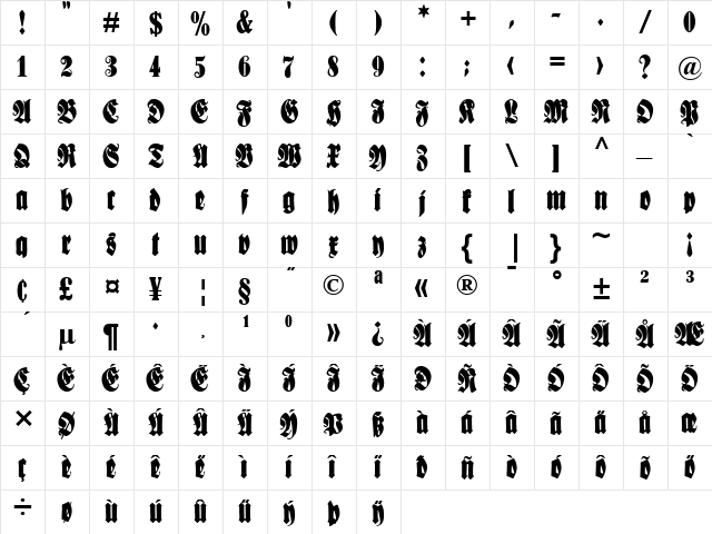 Schmale Anzeigenschrift UNZ1L Regular  glyph index