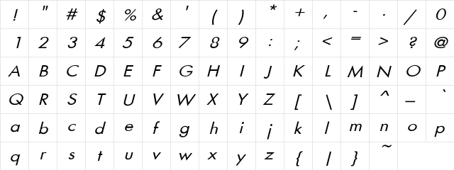 FuturaExtObl-No Regular  glyph index