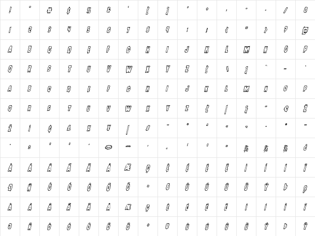 Leatherface Bold Outline Italic Bold Italic  glyph index