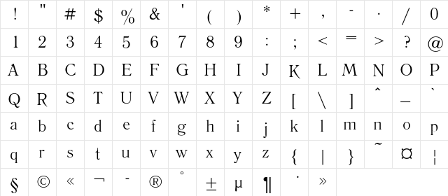 LiteraturnayaC Regular  glyph index