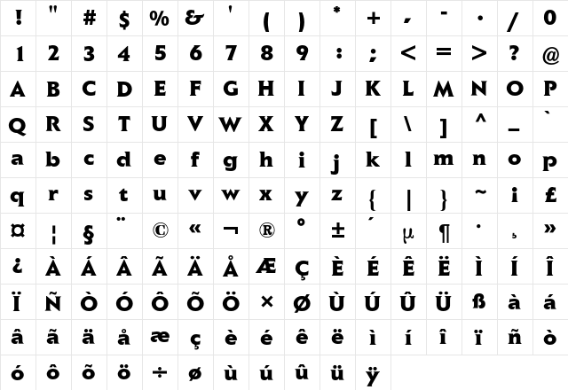 Elan BQ Regular  glyph index