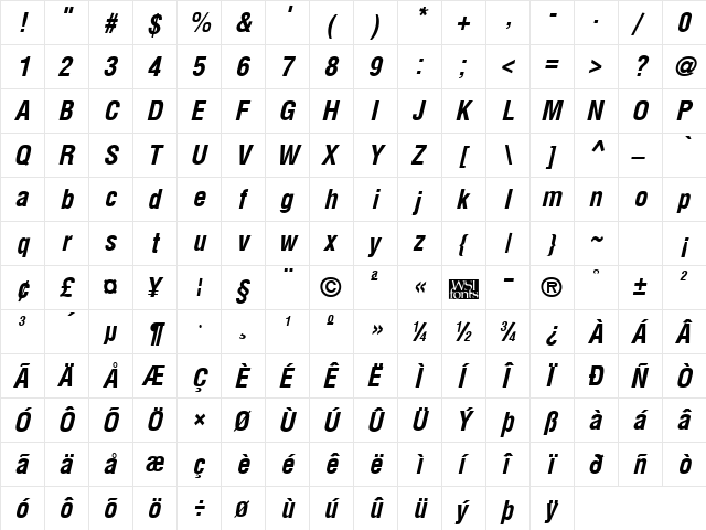 ArenaCondensed Bold Italic  glyph index