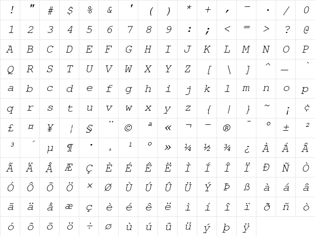 Nimbus Mono L Regular  glyph index