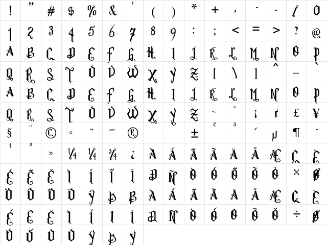 Romance Fatal Goth Versal  glyph index