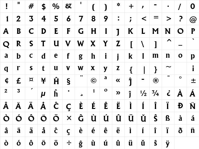 Flareserif821 Lt BT Eo Bold  glyph index