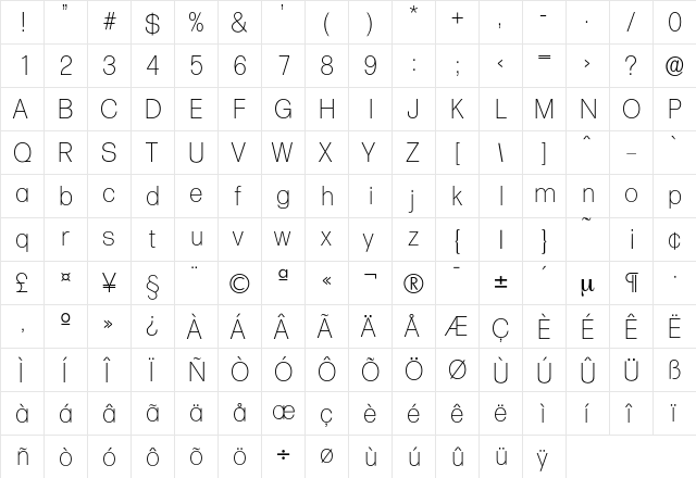 Formula-Xlight Regular  glyph index