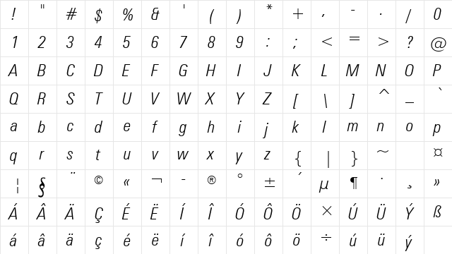Zurich LtCn L2 Light Italic  glyph index