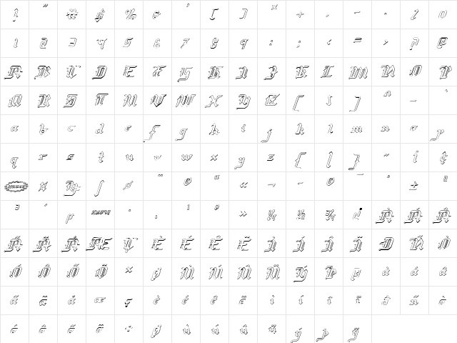 Redcoat Shadow Italic Italic  glyph index